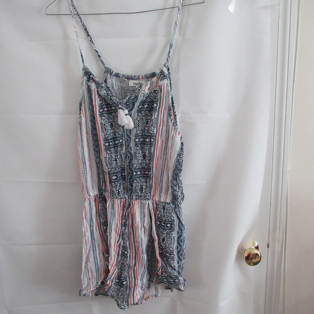 MUDD Boho One Piece Romper Spaghetti Strap Navy Orange Aztec Pattern SZ S